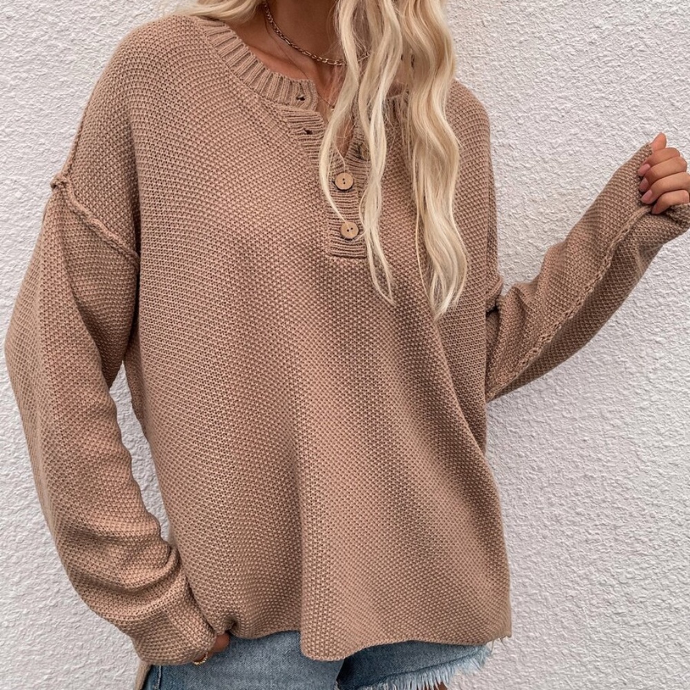 Khaki Button up Knit Oversized Sweater Top - Picture 7 of 8